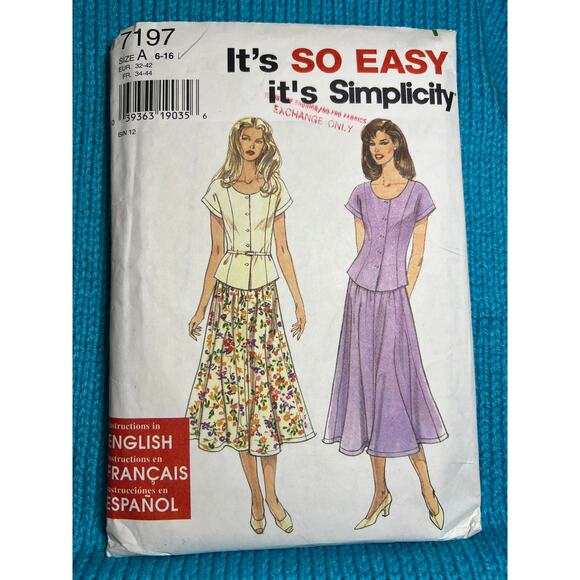 Simplicity 7197 Pattern swing skirt blouse pattern 1990s size 6-16 - Picture 1 of 5